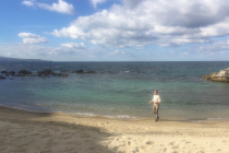 Welly reflecting by the beach.